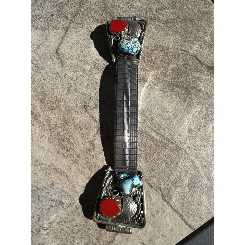 Vintage Native Sterling Silver Turquoise Coral Mens Watch Band